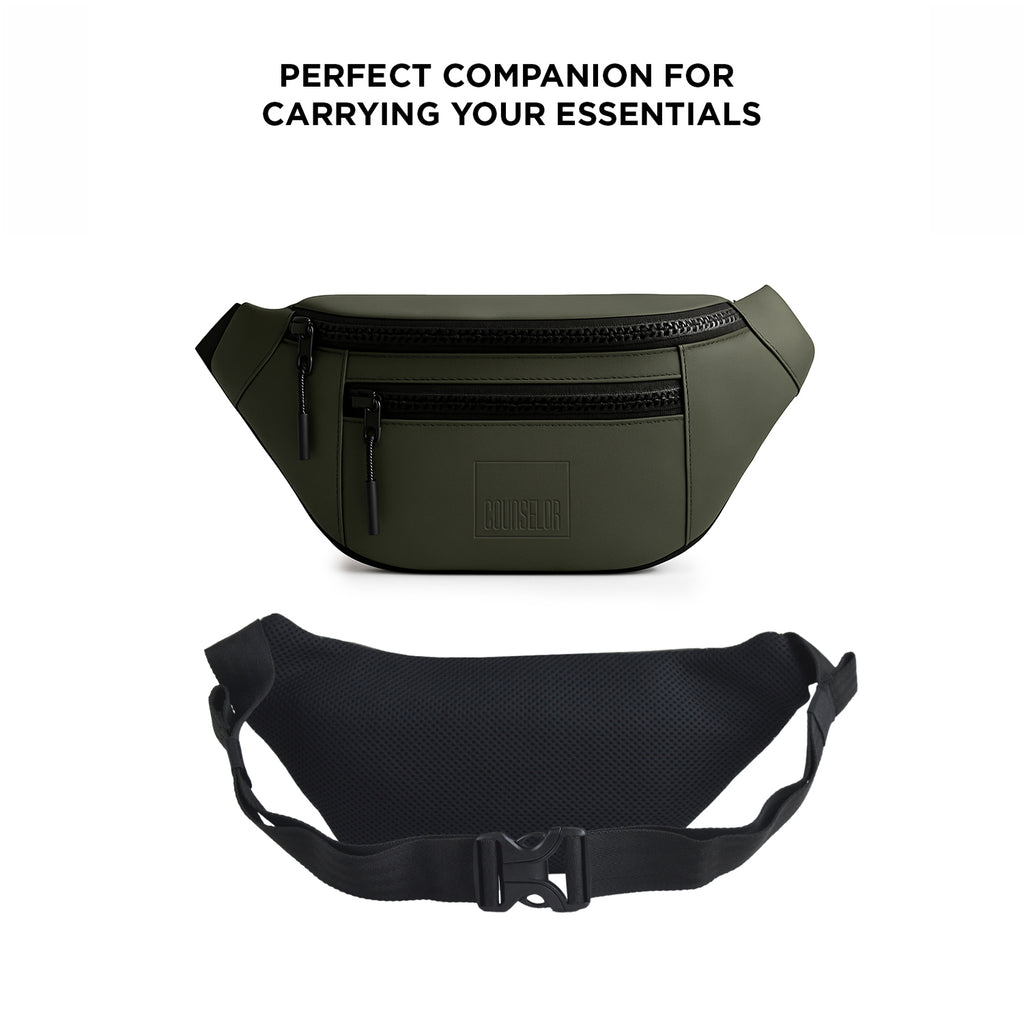 The Blaze waist bag in olive color, made of vegan leather, ideal fanny pack for daily use and carrying essentials.