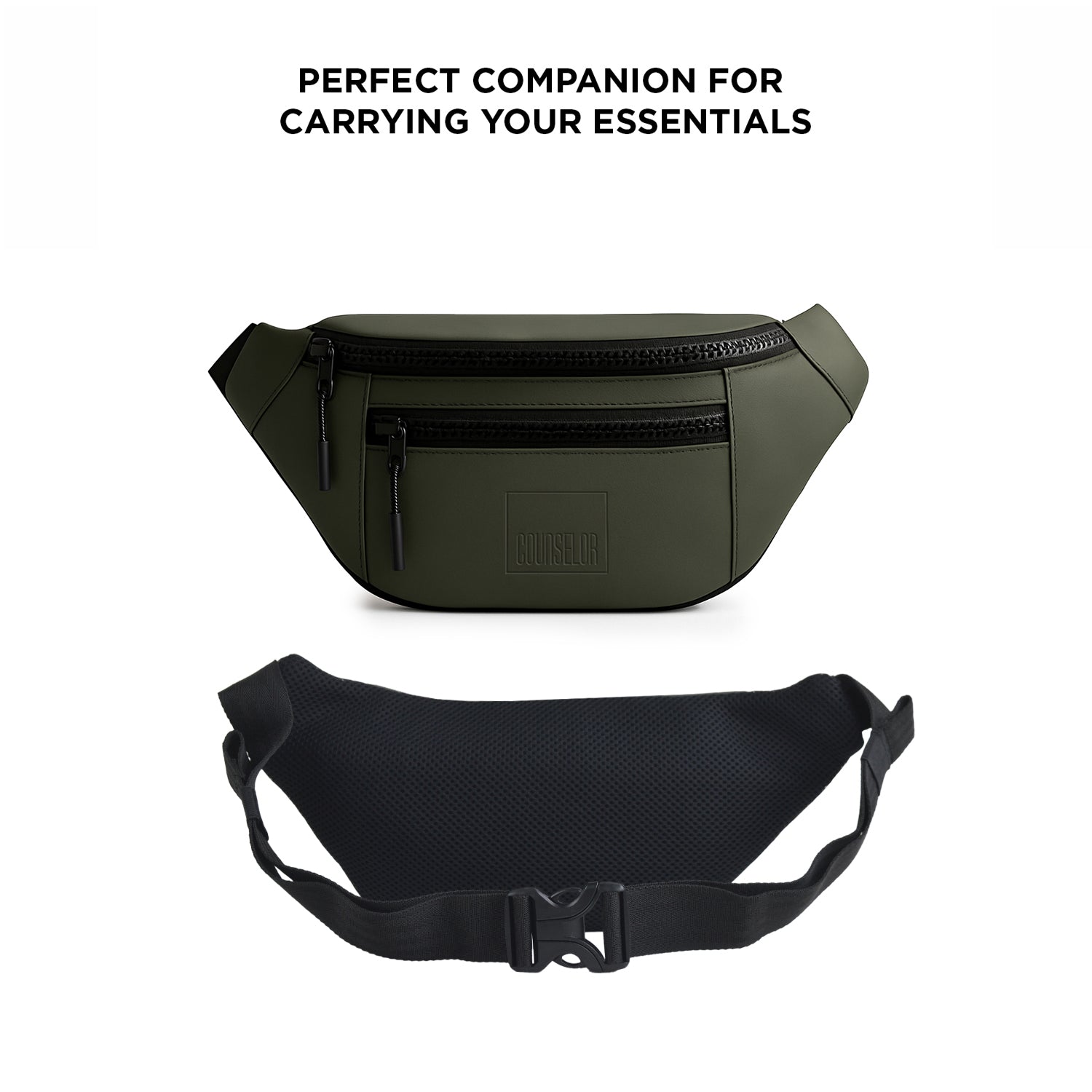 The Blaze waist bag in olive color, made of vegan leather, ideal fanny pack for daily use and carrying essentials.