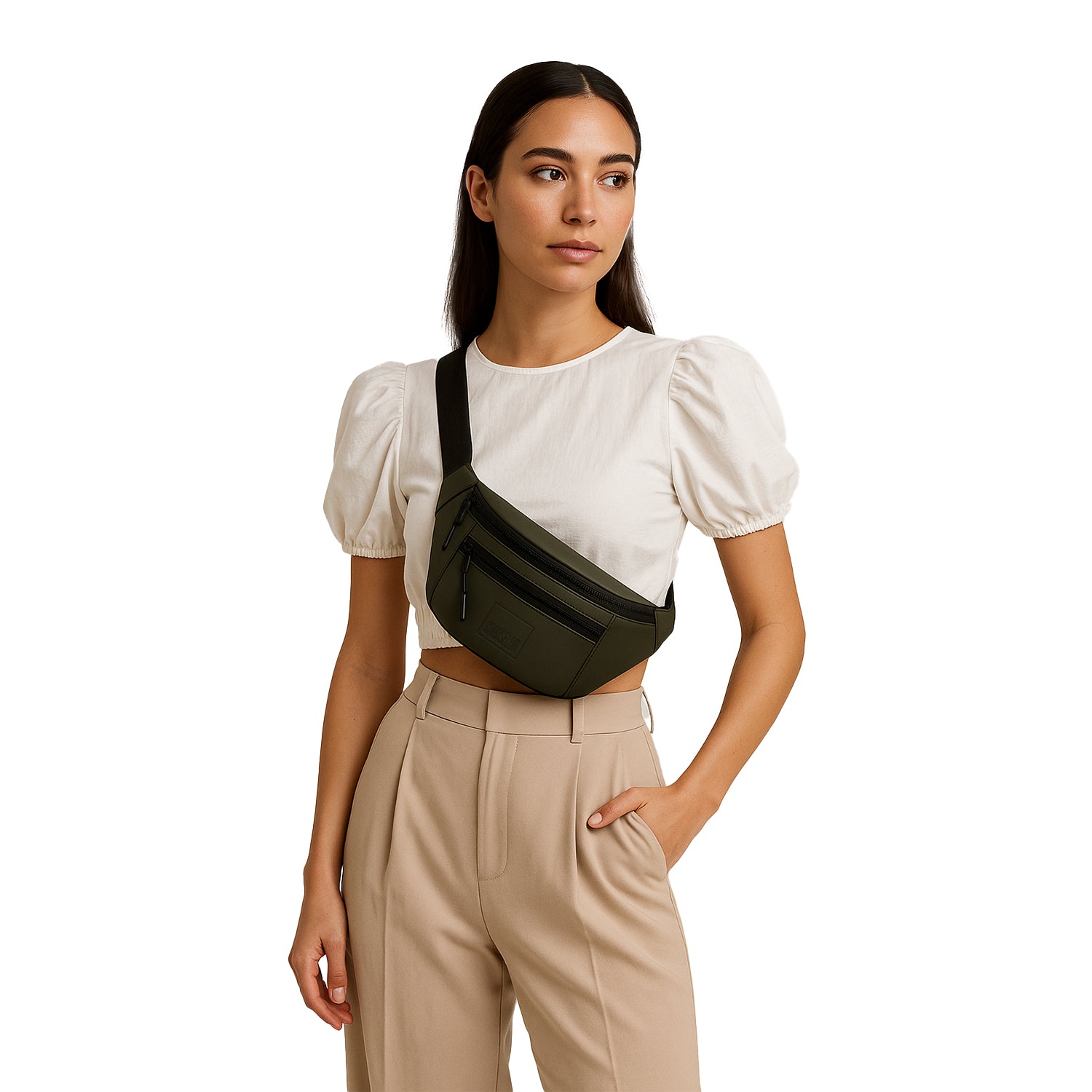 The Blaze - Olive waist bag in vegan leather, styled with a model in a white top and beige pants, perfect for daily use.