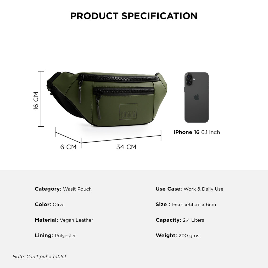 Product specifications for The Blaze olive waist bag, a vegan leather fanny pack ideal for daily use.
