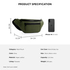 Product specifications for The Blaze olive waist bag, a vegan leather fanny pack ideal for daily use.