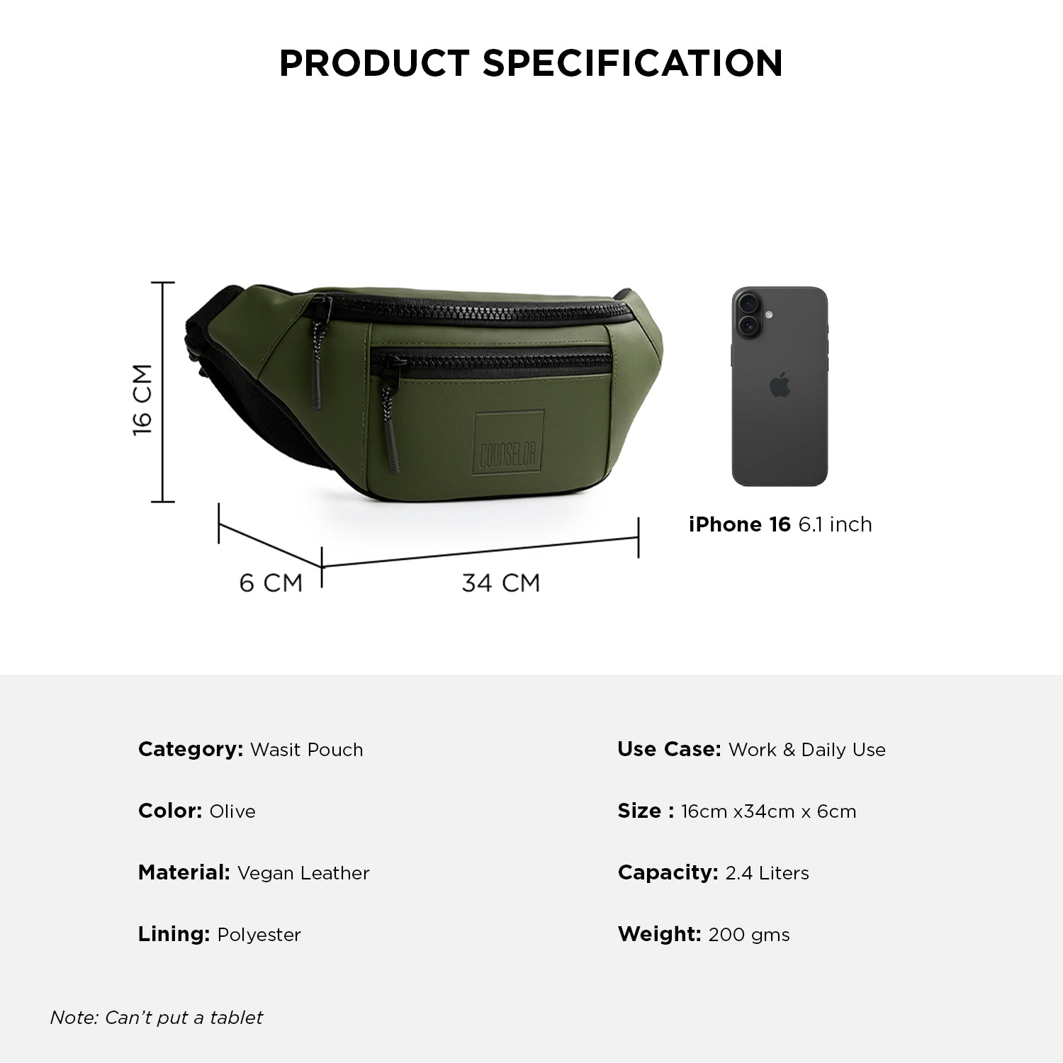 Product specifications for The Blaze olive waist bag, a vegan leather fanny pack ideal for daily use.