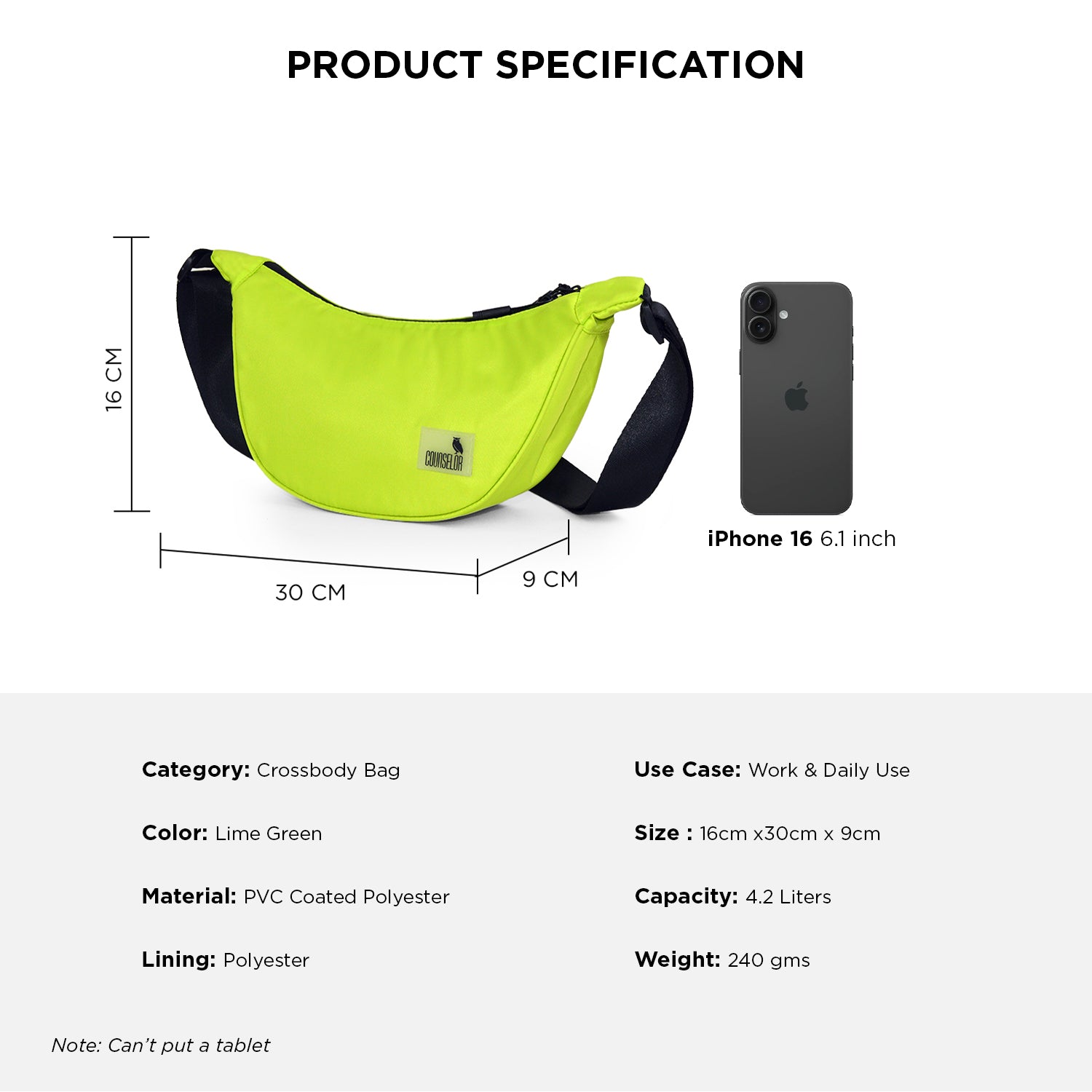 Product specifications for The Zuki lime green crossbody bag, highlighting size, material, and use case.