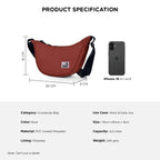The Zuki crossbody bag in rust with specifications including size, material, and compatible smartphone.