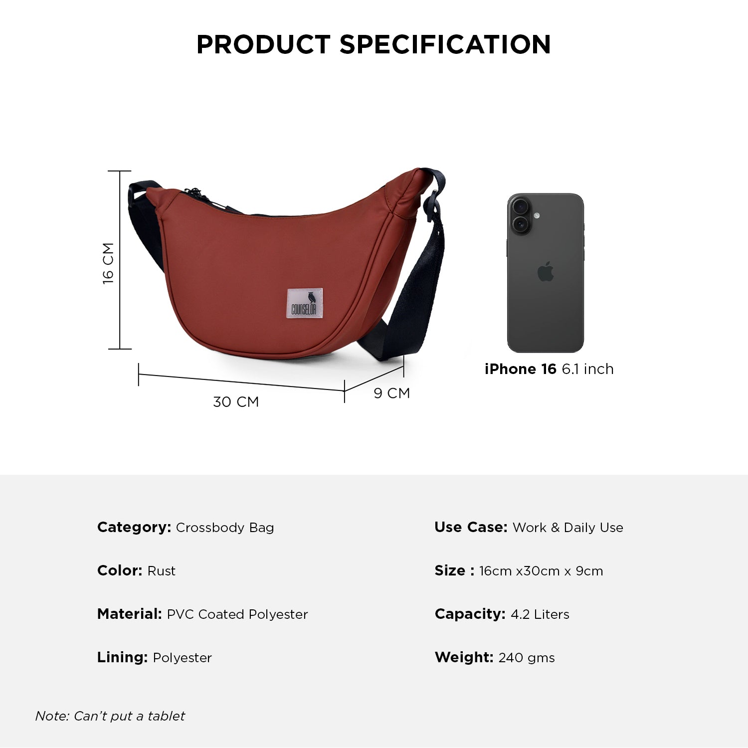 The Zuki crossbody bag in rust with specifications including size, material, and compatible smartphone.